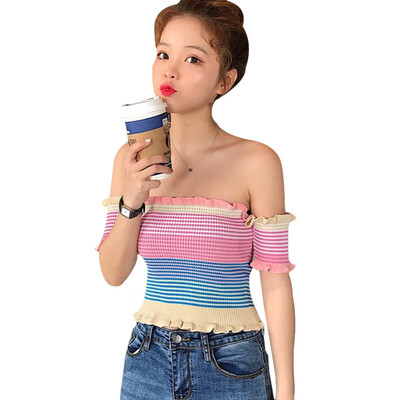 Summer Sexy Ruffles Striped Slash Neck Cropped T-shirts Women Short Sleeve Knitted Casual Tee Women Crop Tops For Girls
Summer Sexy Ruffles Striped Slash Neck Cropped T-shirts Women Short Sleeve Knitted Casual Tee Women Crop Tops For Girls