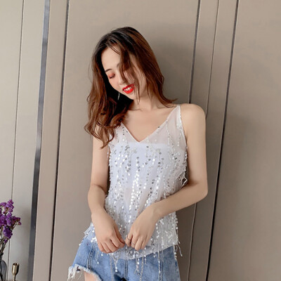 Women Casual Sexy Versatile Slim V-neck Sparkling Sequined Sling Bottoming Stretch Camisole Tops
Women Casual Sexy Versatile Slim V-neck Sparkling Sequined Sling Bottoming Stretch Camisole Tops