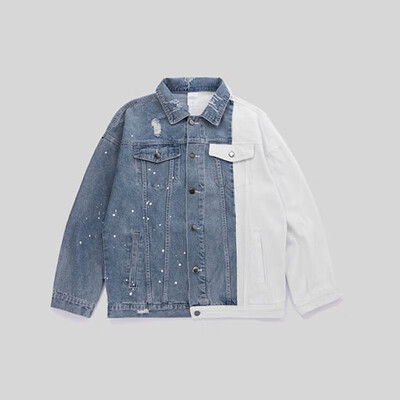 Trendy blue&white contrast color stitching mens denim jacket letter print splash coat
Trendy blue&white contrast color stitching mens denim jacket letter print splash coat
