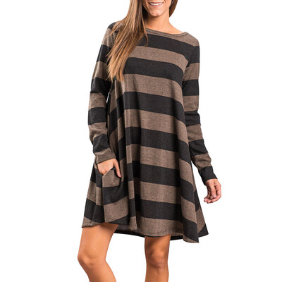 Round Collar Casual Stripe Long Sleeve Dress