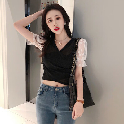 Mesh Stitching Blouse Women Sexy Sling Strapless Blouse V Collar Solid Color Short Sleeve Chiffon Blusas Mujer De Moda
Mesh Stitching Blouse Women Sexy Sling Strapless Blouse V Collar Solid Color Short Sleeve Chiffon Blusas Mujer De Moda