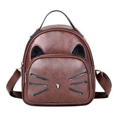 Women PU Leather Cartoon Cute Cat Printed Backpack Girls School Bag