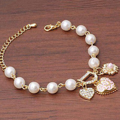 Gold Plated Women Jewelry Crystal Heart Bangle Pearl Bracelet Valentines Day