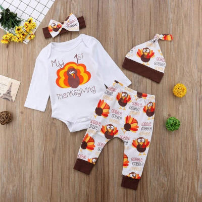 4PCS Newborn Baby Thanksgiving Turkey Print Romper Bodysuit Jumpsuit Long PantsHeadband Hat Outfits Clothes Set
4PCS Newborn Baby Thanksgiving Turkey Print Romper Bodysuit Jumpsuit Long PantsHeadband Hat Outfits Clothes Set
