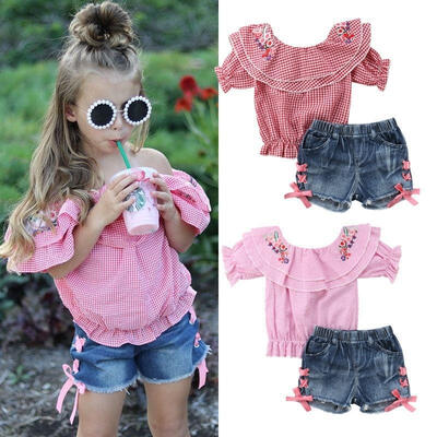 Newborn Kid Baby Girls Flower Tops T-shirt Denim Pants Shorts Outfits Set