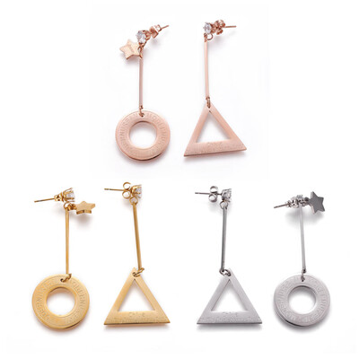 304 Stainless Steel Dangle Stud Earrings with Rhinestone Triangle with Donut Mixed Color 25x23x15mm 22x13mm Pin 07mm
304 Stainless Steel Dangle Stud Earrings with Rhinestone Triangle with Donut Mixed Color 25x23x15mm 22x13mm Pin 07mm
