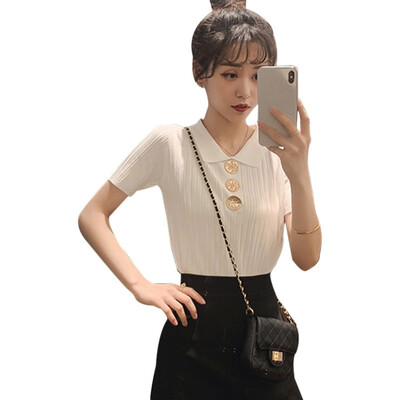 Summer Tshirt Women Korean Turn-down Collar Short Sleeve Tops Solid Casual Knitted T Shirt Lady Buttons Top Tees
Summer Tshirt Women Korean Turn-down Collar Short Sleeve Tops Solid Casual Knitted T Shirt Lady Buttons Top Tees