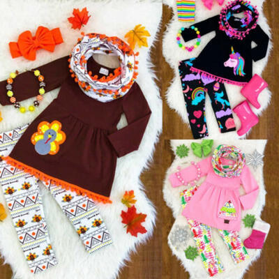 XMAS Kids Baby Girls Outfits Clothes T-shirt Tops DressLong PantsHeadband Set