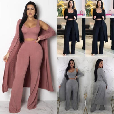 3Pcs Women Tracksuit Long Sleeve CloakCrop TopPants Sets Sportwear Casual Suit