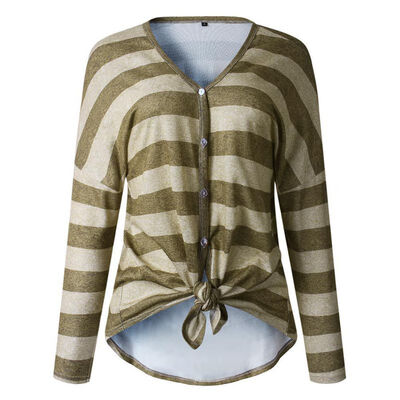 Stripes Print V Collar Women T-shirt Irregular Buttons Lace Up Long Sleeve Casual T-shirt Loose Tops
Stripes Print V Collar Women T-shirt Irregular Buttons Lace Up Long Sleeve Casual T-shirt Loose Tops
