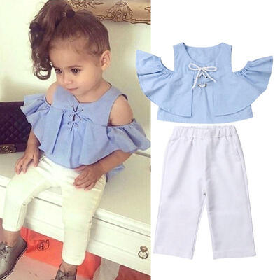 2Pcs Toddler Kids Baby Girl Off Shoulder Crop Tops Pencil Pants Outfits Clothes