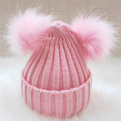 Baby Hat Winter Crochet Double Pompom Hat Girl Ball Cap kids Knitted Warm Beanie