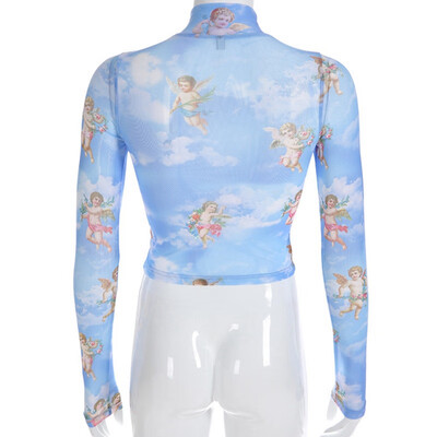 Sexy Exposed Navel Mesh Crop Top Angel Printed Long-Sleeved Half-High Collar Tshirt Slim Short T Shirt
Sexy Exposed Navel Mesh Crop Top Angel Printed Long-Sleeved Half-High Collar Tshirt Slim Short T Shirt