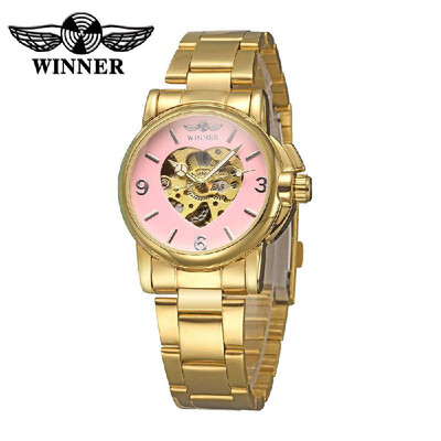 WINNER See-through Skeleton Self-winding Automatic Mechanical Watch Luxury Golden Watchband Business Analog Wristwatch for Lady