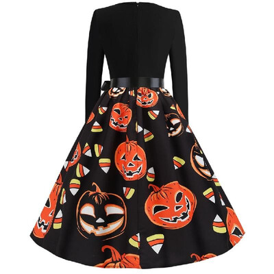 L8069 Cross-border Halloween Womens Round Neck Long Sleeve Pumpkin Grimace Print with Black Ribbon Retro Big Skirt black
L8069 Cross-border Halloween Womens Round Neck Long Sleeve Pumpkin Grimace Print with Black Ribbon Retro Big Skirt black