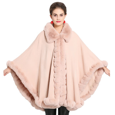 Women Furry Cape Fashion Knit Wrap Scarf Shawl Cape Coat With Luxury Faux Fur Collar Coats
