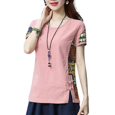 Women Round Collar Summer National Wind Print Loose Short Sleeve Casual Simple Wild T-Shirt