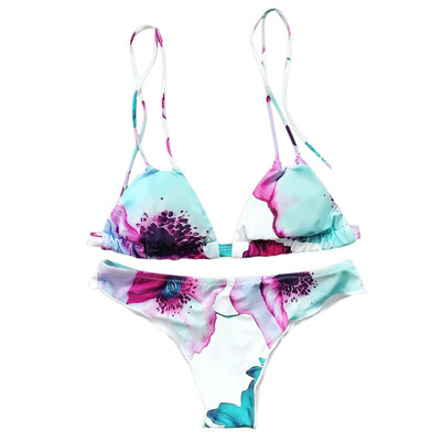 Cute Spaghetti Straps Floral Print Bikini Set For Women