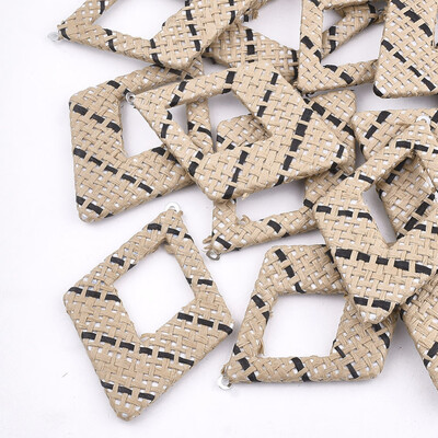 Handmade Raffia Woven Big Pendants with Iron & Aluminum Findings Rhombus Platinum BurlyWood 69x485x4mm Hole 18mm