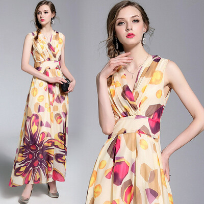 DFYOP New Styles Of European&American womens Chiffon Printing Sleeveless V Collar Long Skirt Big Pendant Dress
DFYOP New Styles Of European&American womens Chiffon Printing Sleeveless V Collar Long Skirt Big Pendant Dress