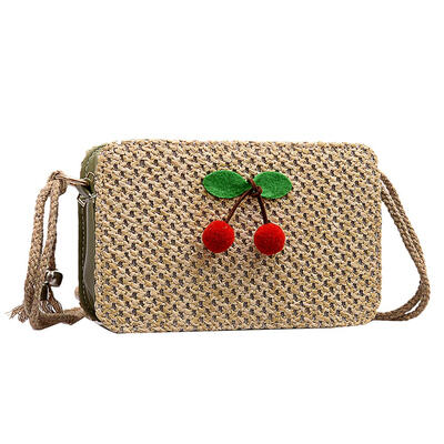 Small Crossbody Messenger Handbags Women Cherry Decor Woven Shoulder Bags