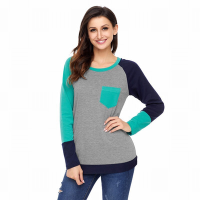 Round neck long sleeve two-color stitching shirt contrast color pocket casual straight top
Round neck long sleeve two-color stitching shirt contrast color pocket casual straight top