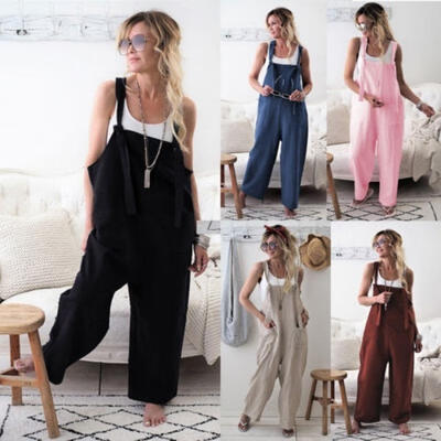 Retro Women Casual Loose Cotton Linen Jumpsuit Overalls Wide Leg Cropped Pants