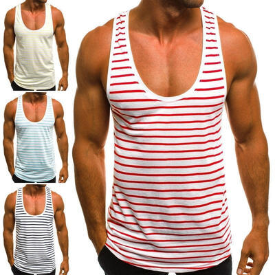 Fashion Casual Cool Muscle Men Summer T-shirt Sleeveless Vest Gym Striped Tops