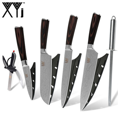 Stainless Steel Kitchen Knife XYJ 4 in 1 Professional Kitchen Knife Sharpener Fives Piece Set