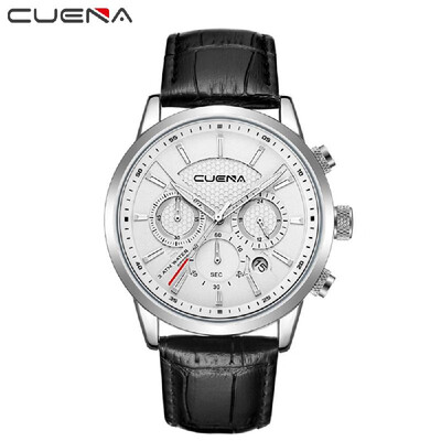 CUENA Men Multi-Functional Sports Quartz Watch Leather Band Luminous Hands Calendar Wristwatch