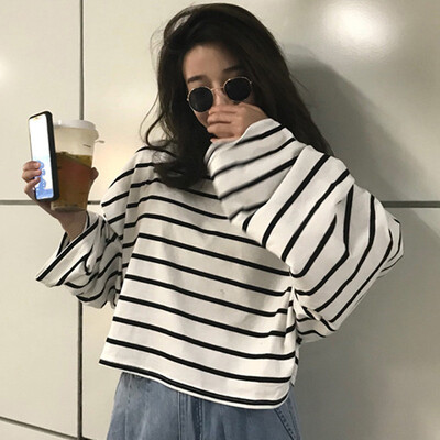 Loose casual t-shirt round neck long-sleeved pullover bottoming shirt fashion trend striped print womens T-shirt
Loose casual t-shirt round neck long-sleeved pullover bottoming shirt fashion trend striped print womens T-shirt