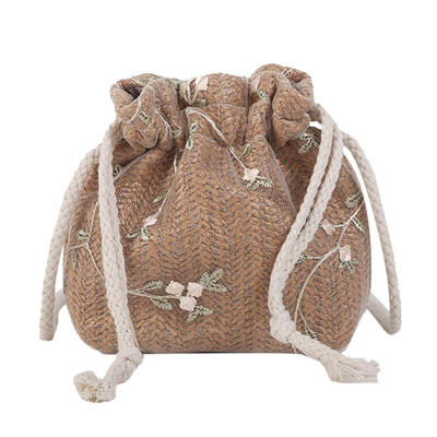 Lace Flower Decor Shoulder Handbags Women Straw Drawstring Crossbody Bags