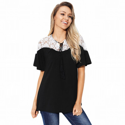 Two-tone stitching round neck short-sleeved lace printed casual straight top
Two-tone stitching round neck short-sleeved lace printed casual straight top