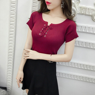 Summer sweetly solid short sleeved knitted t shirt women slim tops dropshipping
Summer sweetly solid short sleeved knitted t shirt women slim tops dropshipping