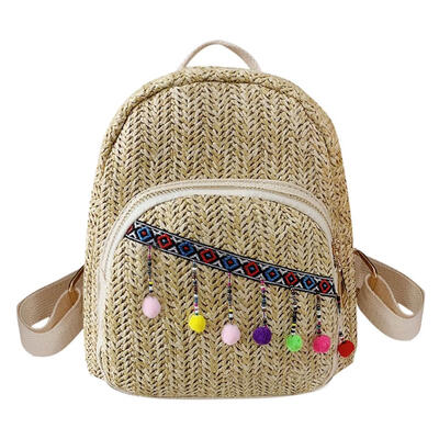 Pompon Decor Backpack Women Straw Shoulder School Bags Girl Travel Knapsack