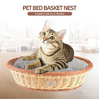 Pet Bed Basket Nest Oval PP Knitted Bed with Plush Blanket for Cats Dogs Pets