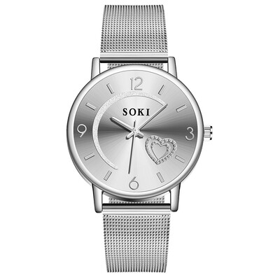 Women Silver & Gold Mesh Love Heart Moon Dial Wristwatches Fashion Casual Womens Steel Quartz Watches Relogio Feminino Hot 533