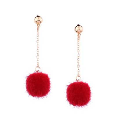 Alloy Dangle Stud Earrings with Pom Pom Ball Red 63x16mm
