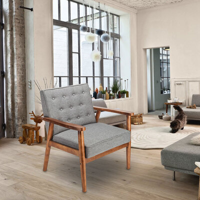 Retro Modern Fabric Upholstered Wooden Lounge Chair Home Furniture w Arm Grey
