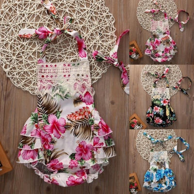 Adorable Baby Girls Floral Bodysuit Ruffle Dress Romper Jumper Headband Outfits