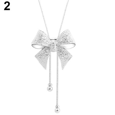 New Elegant Sweet Dazzle Rhinestone Bowknot Pendant Long Necklace Sweater Chain