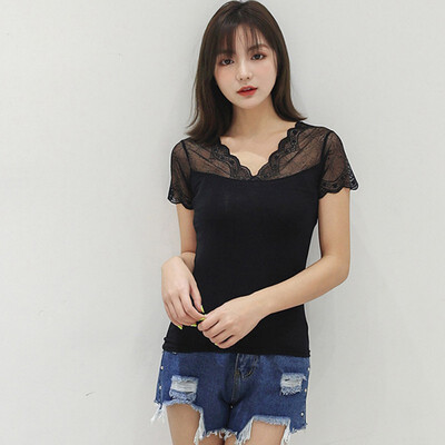 Women Casual Lace Stitching Simple Slim V-neck Short-Sleeved Bottoming Shirt Wild T-Shirt
Women Casual Lace Stitching Simple Slim V-neck Short-Sleeved Bottoming Shirt Wild T-Shirt