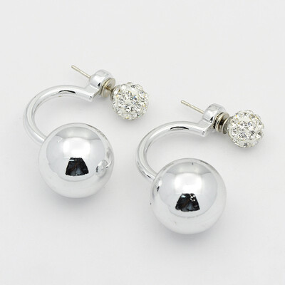 Electroplated Acrylic Beaded Double Ball Ear Studs with Steel Pins Polymer Clay Rhinestone Iron Findings Silver 33mm Pin 0