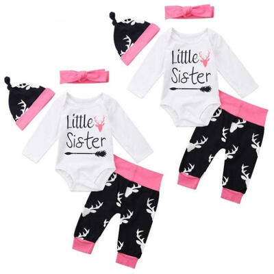 Little Sister 4pcs Set Nerwborn Infant Baby Girls Romper Jumpsuit BodysuitDeer Pants Hat Headband Outfits Clothes 0-18M