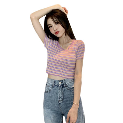 Women Striped Short Knit Tee Shirt Sexy U-neck Short-sleeved T-shirt Female Short Shirt
Women Striped Short Knit Tee Shirt Sexy U-neck Short-sleeved T-shirt Female Short Shirt