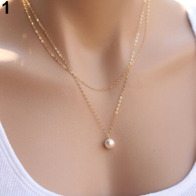 Women\s Simple Multilayer Round Faux Pearl Charm Gold Plated Chain Necklace