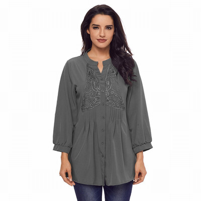 Solid color V-neck single-breasted long-sleeved printed medium-length shirt-style casual top
Solid color V-neck single-breasted long-sleeved printed medium-length shirt-style casual top