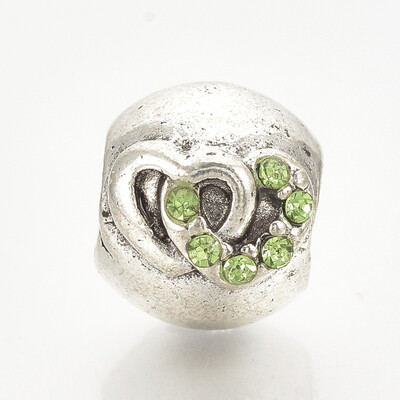 Alloy Rhinestone European Beads Large Hole Beads Rondelle with Heart Antique Silver Peridot 105x12x9mm Hole 5mm
Alloy Rhinestone European Beads Large Hole Beads Rondelle with Heart Antique Silver Peridot 105x12x9mm Hole 5mm