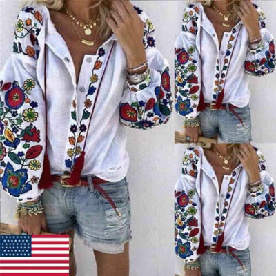 US Women Casual Flower Cotton Linen Button Long Sleeve Shirt Blouse Tunic Tops