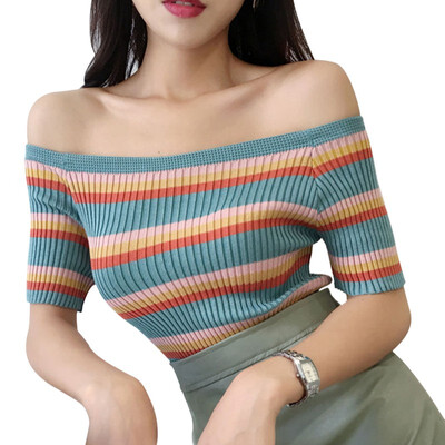 Sexy Colorful Stripe Pattern Womens Tees Korean Style Sexy Off The Shoulder Half Sleeve Knit Tops
Sexy Colorful Stripe Pattern Womens Tees Korean Style Sexy Off The Shoulder Half Sleeve Knit Tops